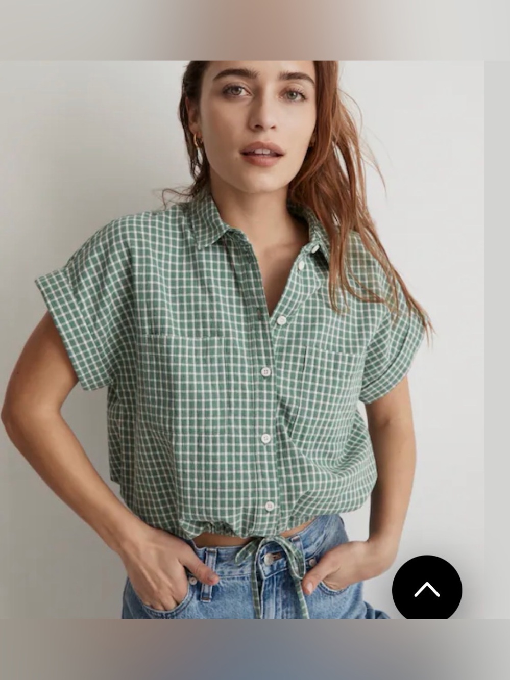 SOLD OUT Madewell Green Gingham Button-Front Tie-Hem Short Sleeve Shirt, M, GUC